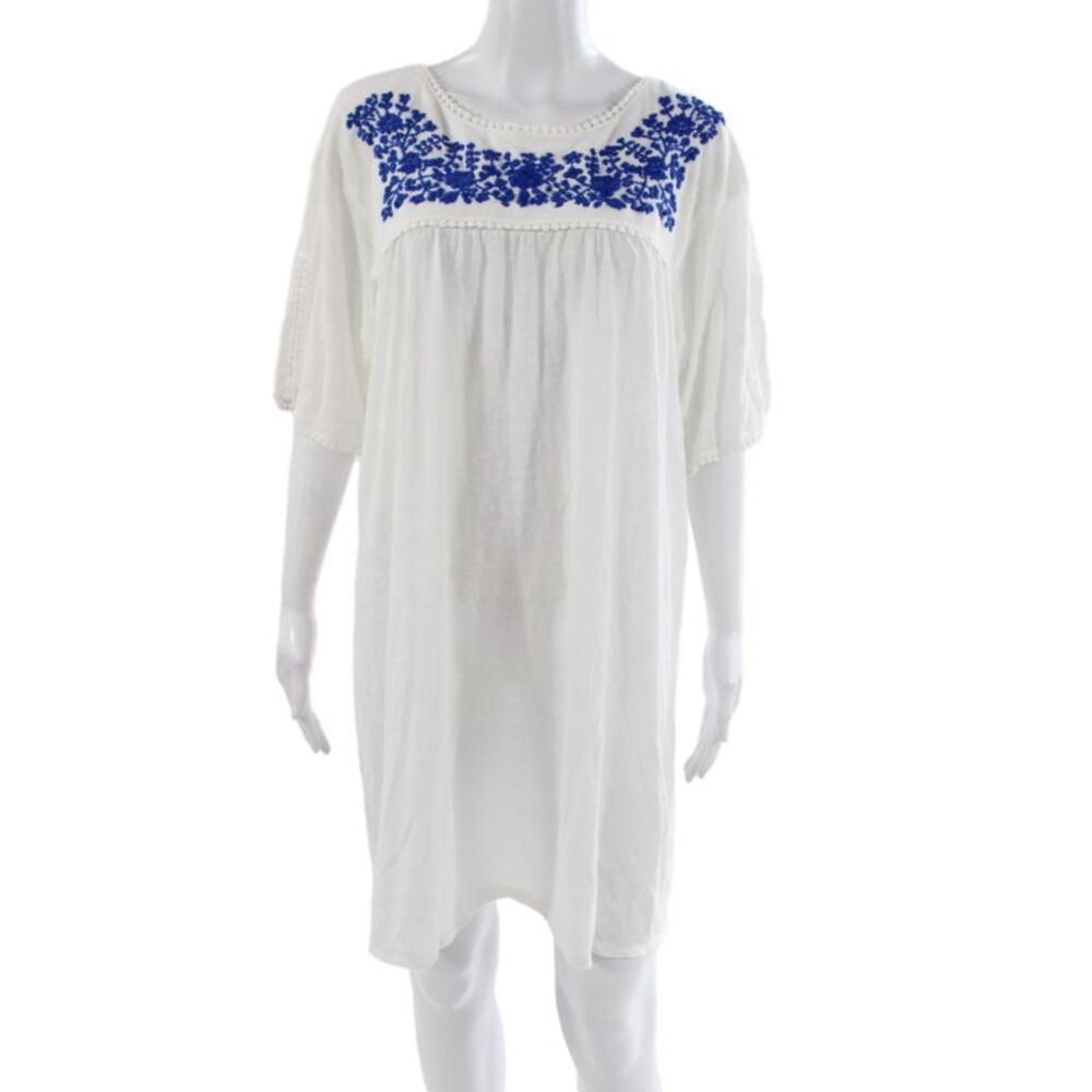 Leallo Women Shift Dress White Floral Short Sleeve Bohemian Size L